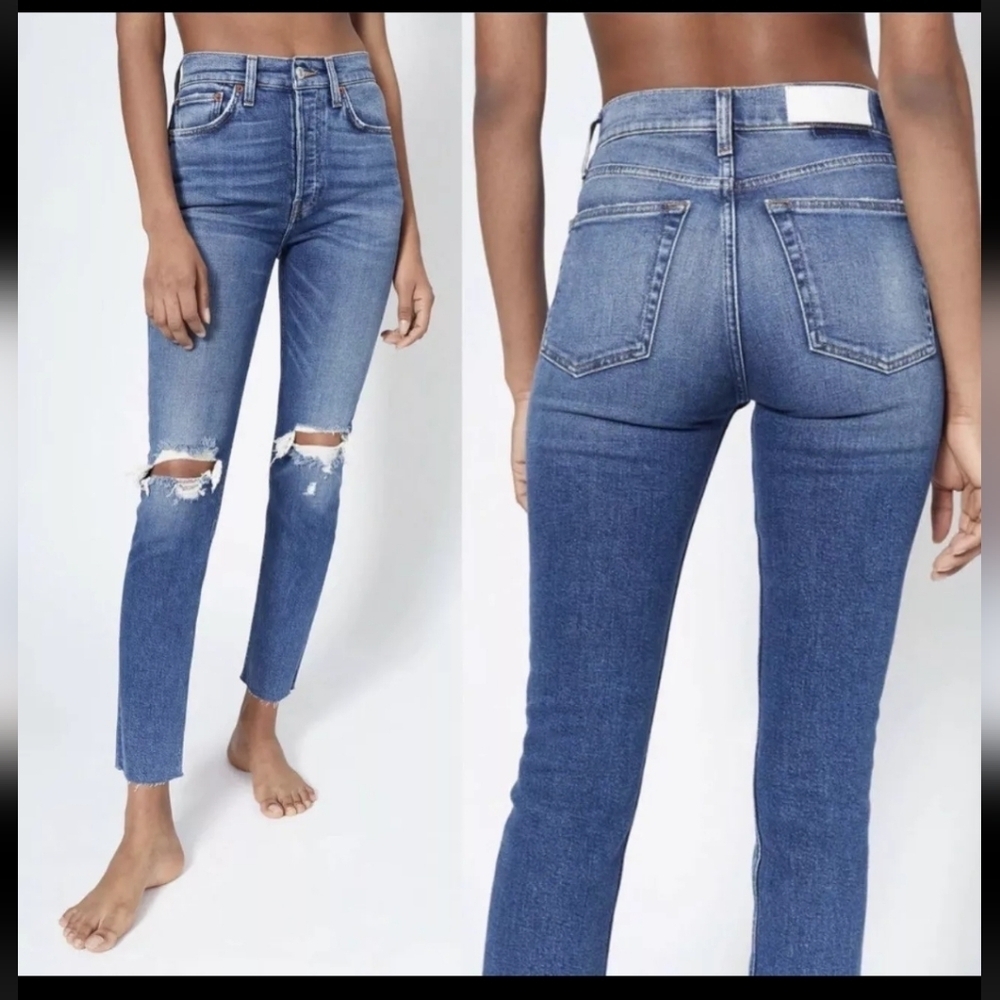 Redone 90s High Rise Ankle Crop Distressed Jeans